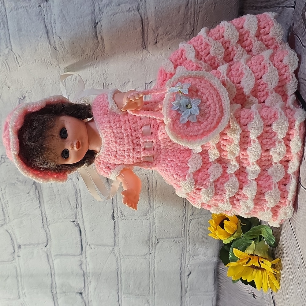 Vintage Angel Doll Brunette Crochet Dress and Accessories Pink White 14"